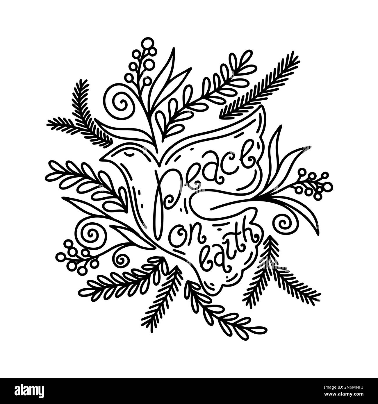 Illustration vectorielle de Noël. Une colombe dessinée à la main, et l'inscription « paix sur terre ». Illustration de Vecteur