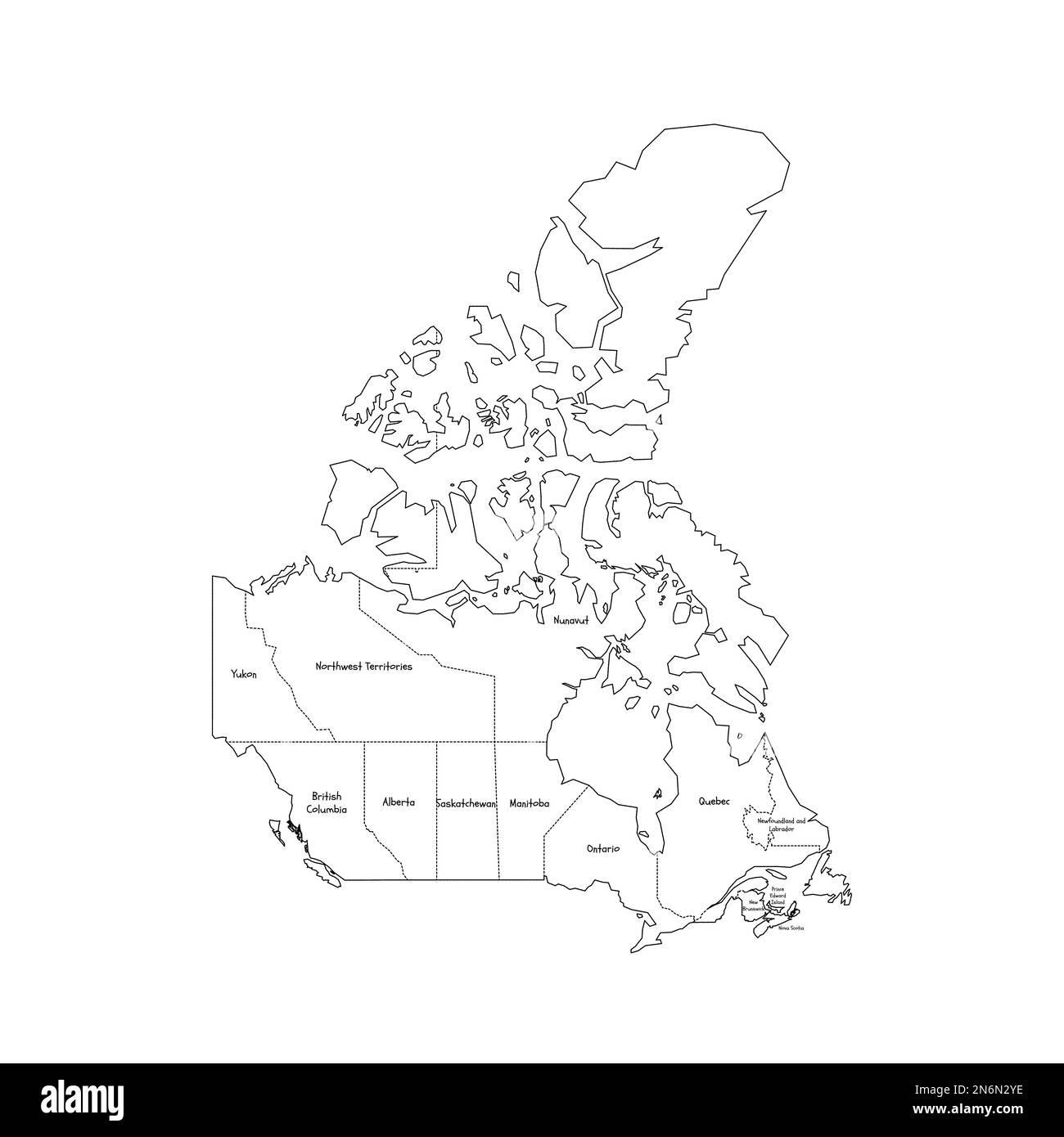 Canada carte politique des divisions administratives - provinces et territoires. Carte de style de caniche dessinée à la main avec bordures noires et étiquettes de nom. Illustration de Vecteur