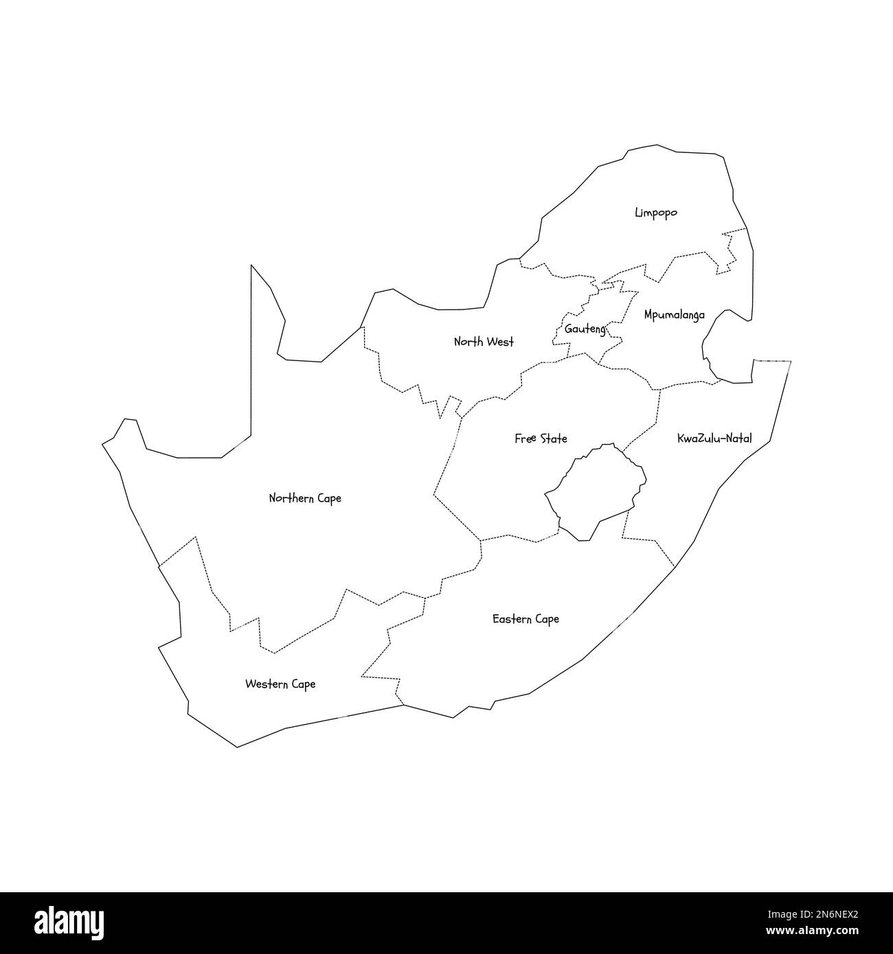 Afrique du Sud carte politique des divisions administratives - provinces. Carte de style de caniche dessinée à la main avec bordures noires et étiquettes de nom. Illustration de Vecteur