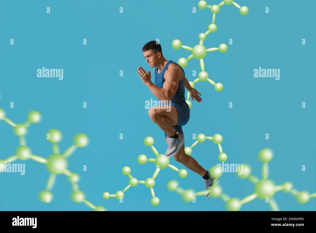 Concept du métabolisme. Illustration de la chaîne moléculaire et jeune homme sportif qui court sur fond bleu Banque D'Images