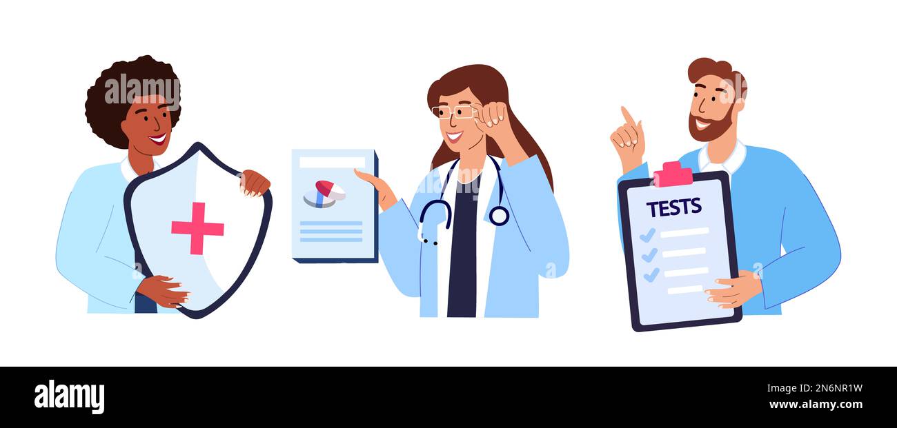 Médecins avec des documents médicaux, signature d'assurance médicale, ordonnances papier, tests médicaux sur planchette à pince.praticiens, médecins, déclarations de santé.Flat Banque D'Images