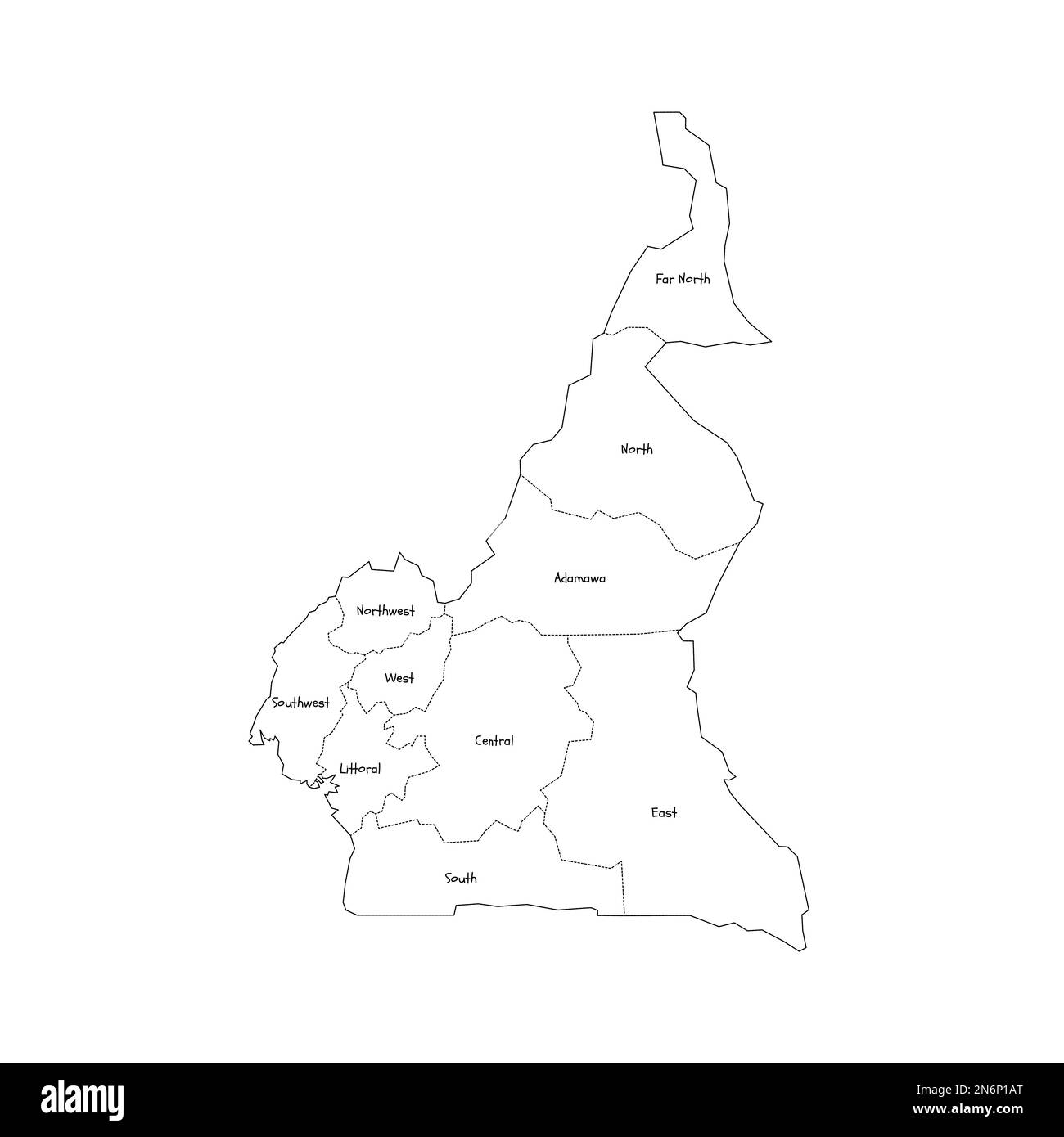 Cameroun carte politique des divisions administratives - régions. Carte de style de caniche dessinée à la main avec bordures noires et étiquettes de nom. Illustration de Vecteur