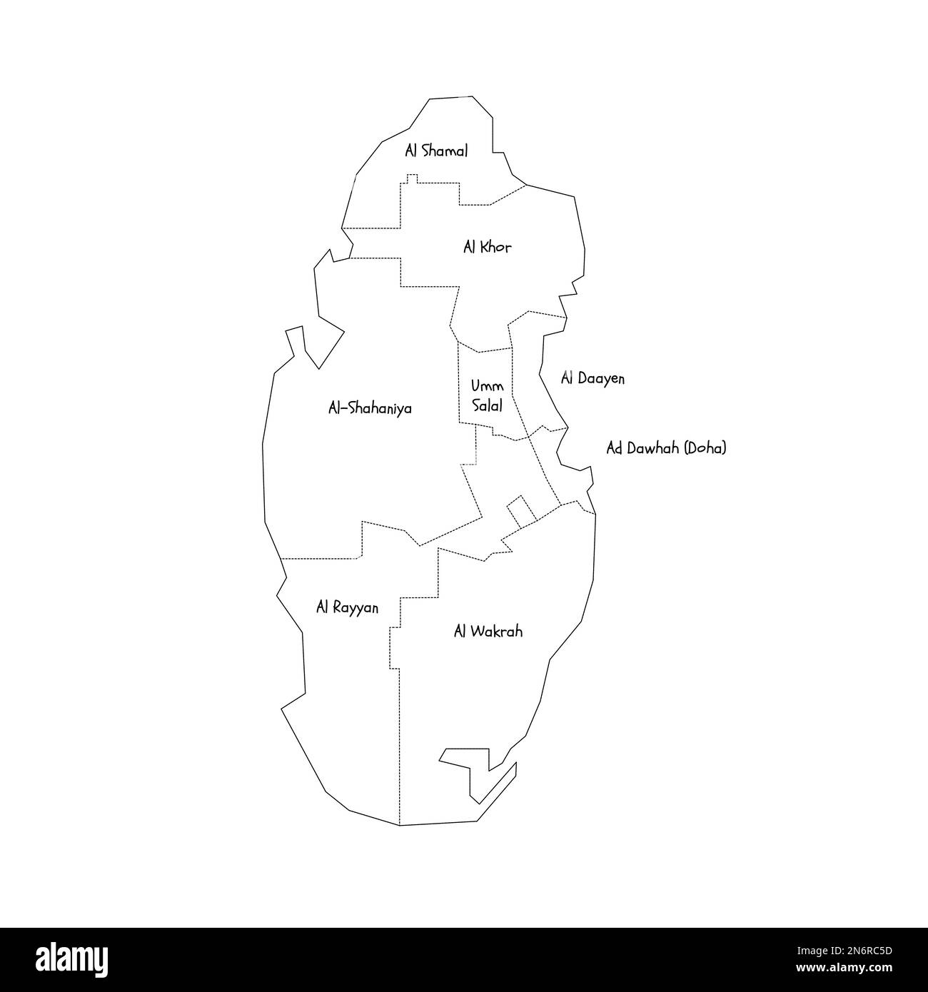 Qatar carte politique des divisions administratives - municipalités. Carte de style de caniche dessinée à la main avec bordures noires et étiquettes de nom. Illustration de Vecteur