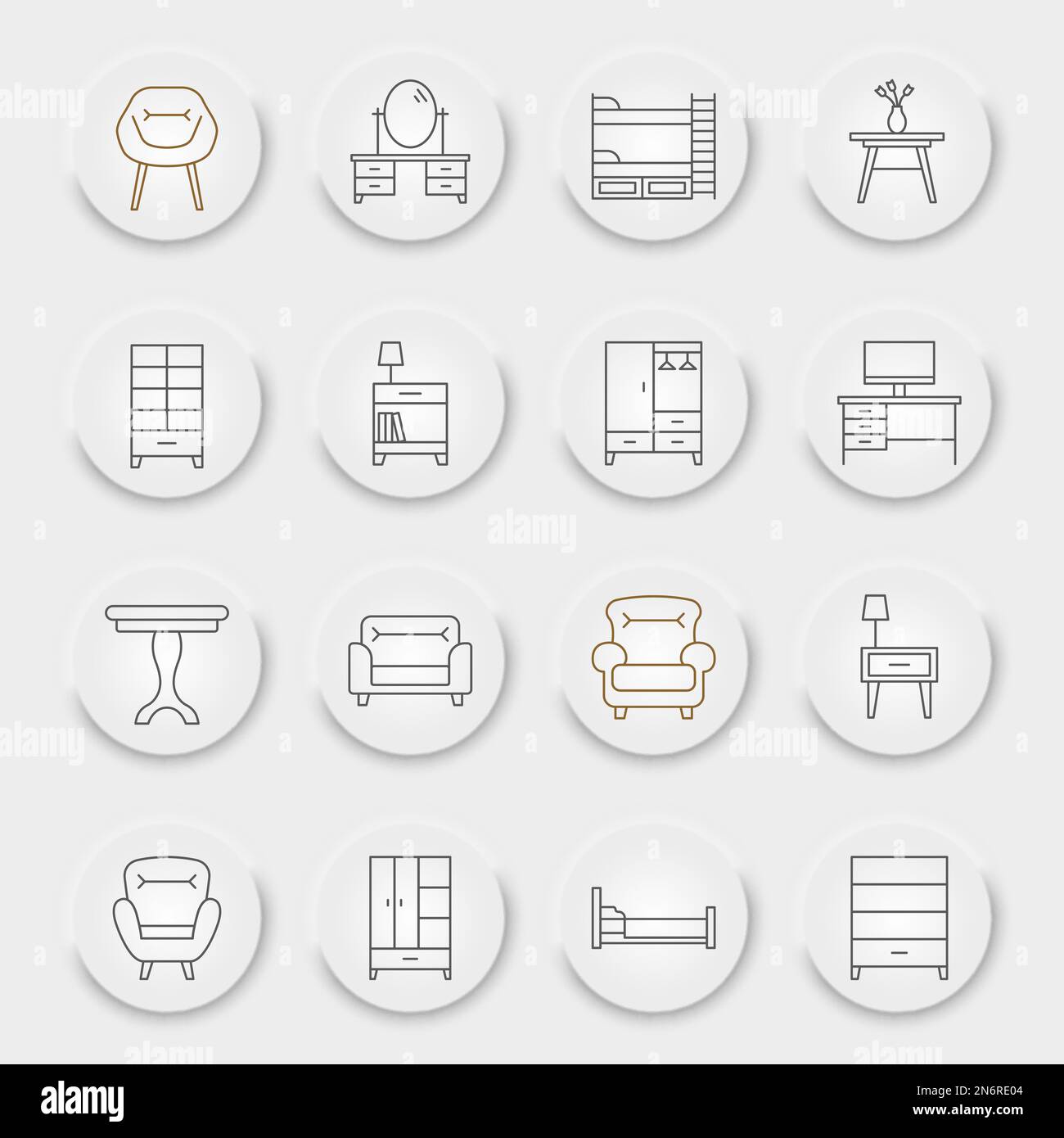 Ensemble d'icônes de ligne de meubles, collection de pièces d'origine, graphiques vectoriels, boutons d'interface utilisateur UX neuporphorique, icônes de vecteur de mobilier, panneaux intérieurs, pictogrammes de contour, contour modifiable Illustration de Vecteur