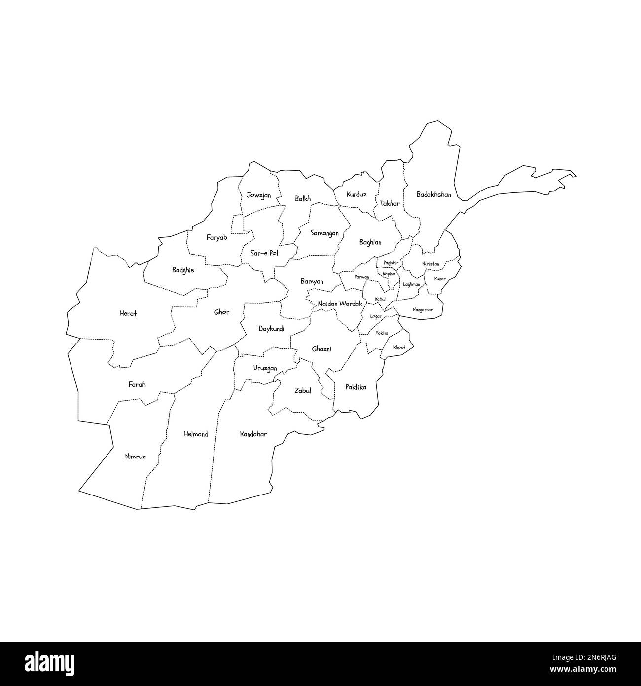 Afghanistan carte politique des divisions administratives - provinces. Carte de style de caniche dessinée à la main avec bordures noires et étiquettes de nom. Illustration de Vecteur