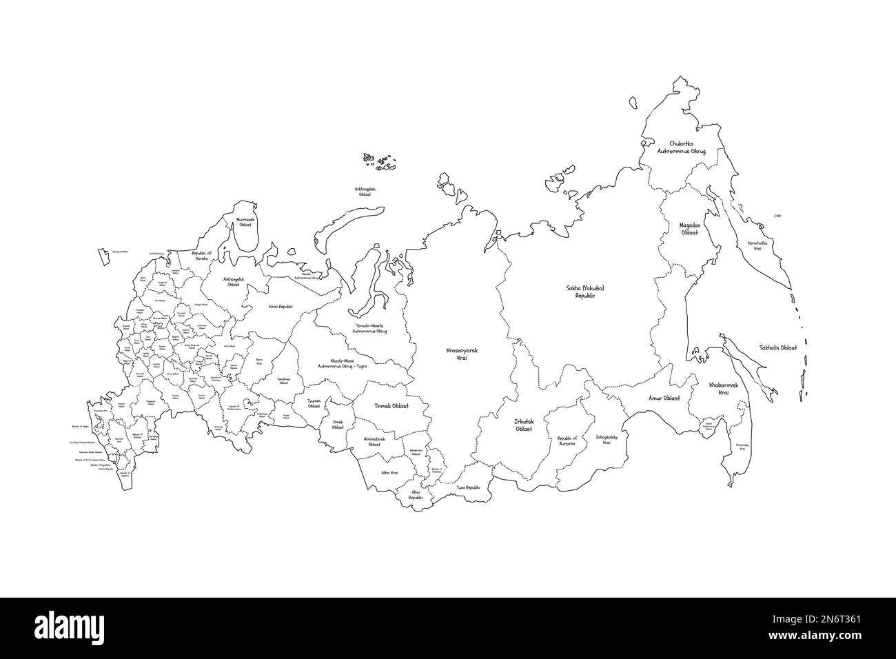 Russie carte politique des divisions administratives - oblasts, républiques, okcarts autonomes, krais, oblast autonomes et 2 villes fédérales de Moscou et Saint-Pétersbourg. Carte de style de caniche dessinée à la main avec bordures noires et étiquettes de nom. Illustration de Vecteur