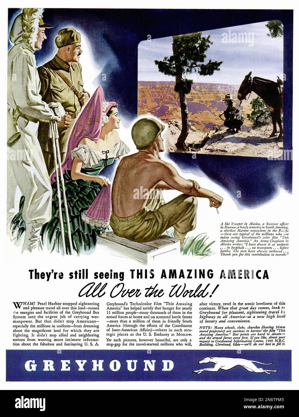 1943 - Greyhound partout dans le monde - publicité américaine (États-Unis) pendant la Seconde Guerre mondiale Banque D'Images