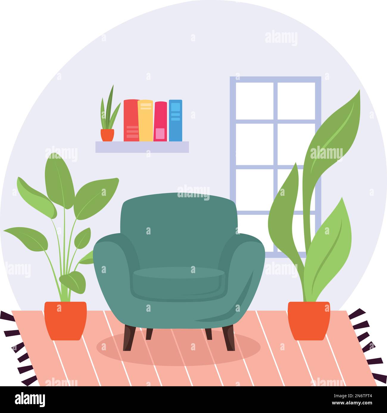 Concept de salon spacieux, fauteuil et mur en pot de plantes fenêtre vector couleur icône design, symbole de bureau vert, espace de travail écologique signe, moderne Illustration de Vecteur