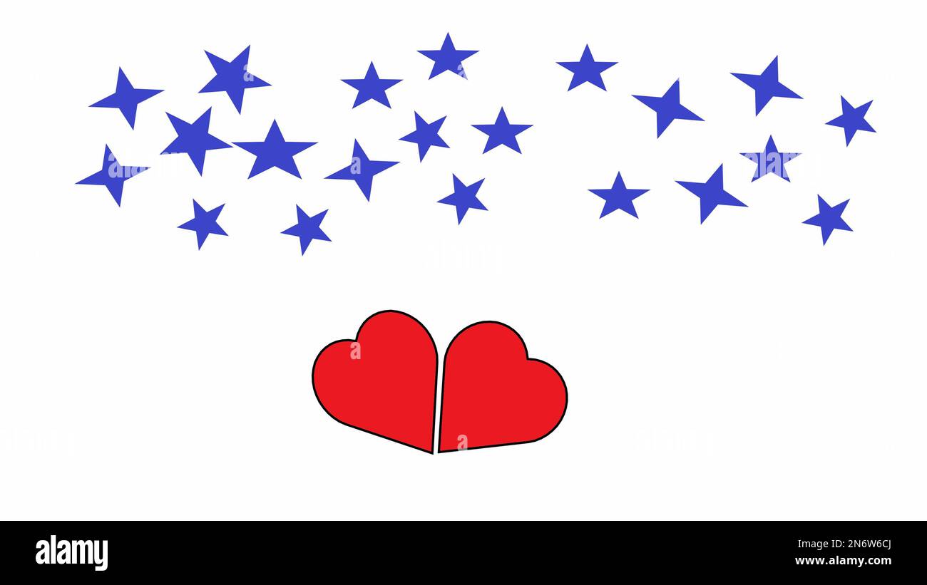 Love Greeting concept carte de vœux et deux coeurs de couleur rouge sur fond blanc étoilé vue du dessus Banque D'Images