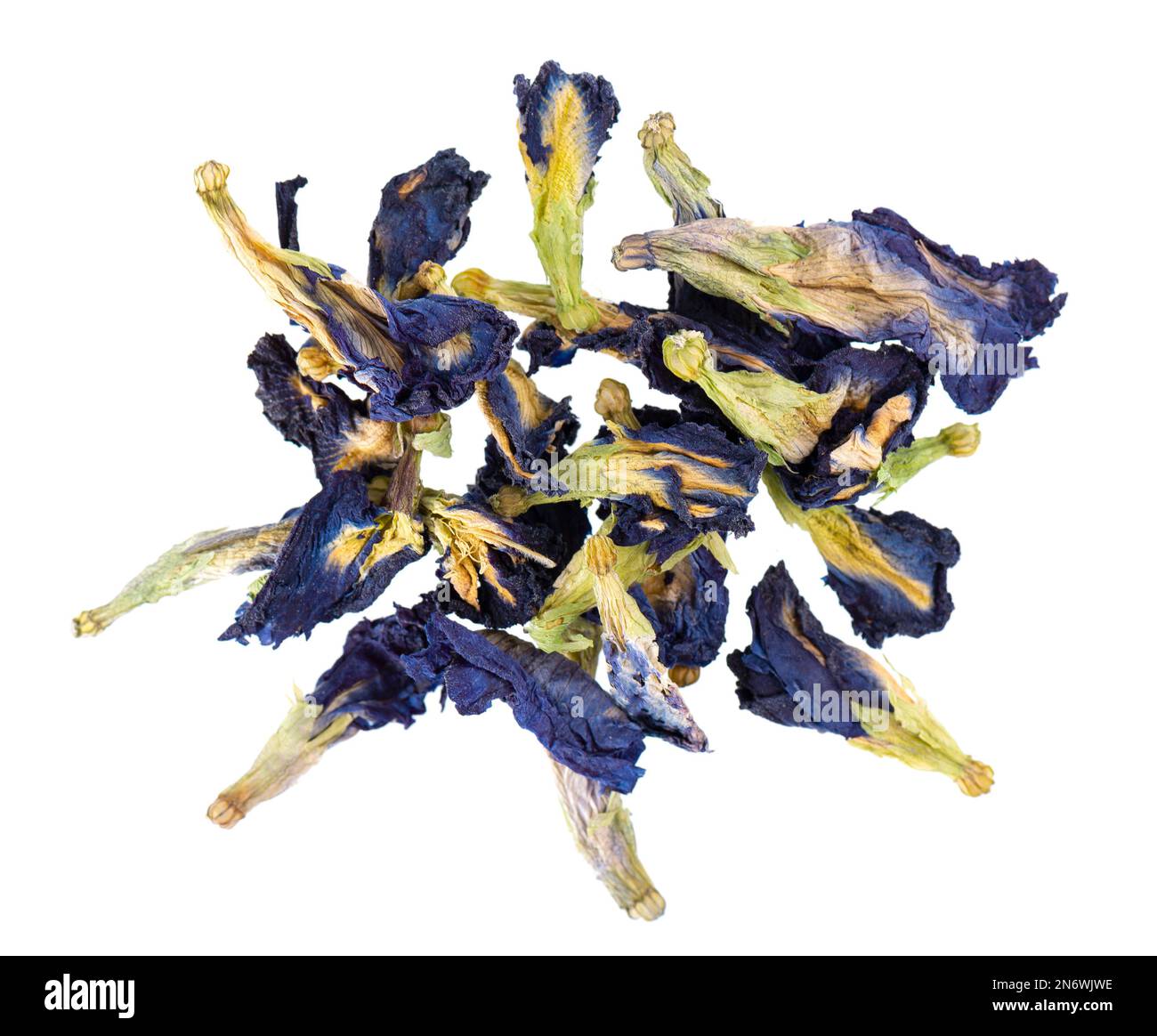 Fleurs de pois papillons isolées sur fond blanc. Tisane bleue. Clitoria Ternatea. Vue de dessus Banque D'Images
