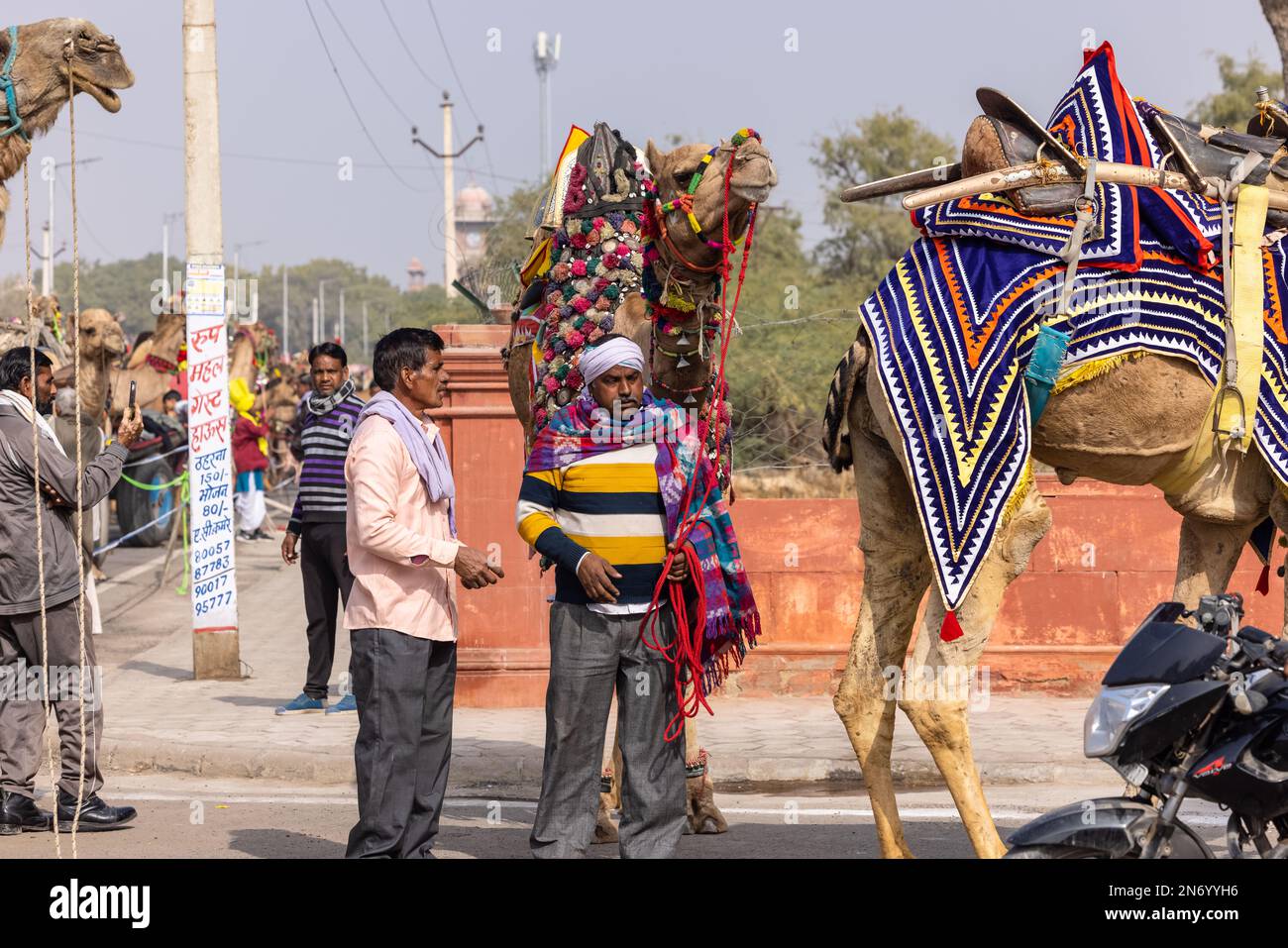 Bikaner, Inde - Jan 2023: Artistes du rajasthan qui produisent de la musique folklorique tout en participant au festival de chameau à bikaner. Banque D'Images