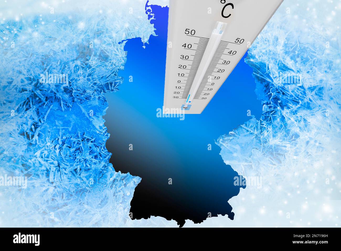 Thermomètre avec affichage de la température, glace, froid, carte de l'Allemagne Banque D'Images