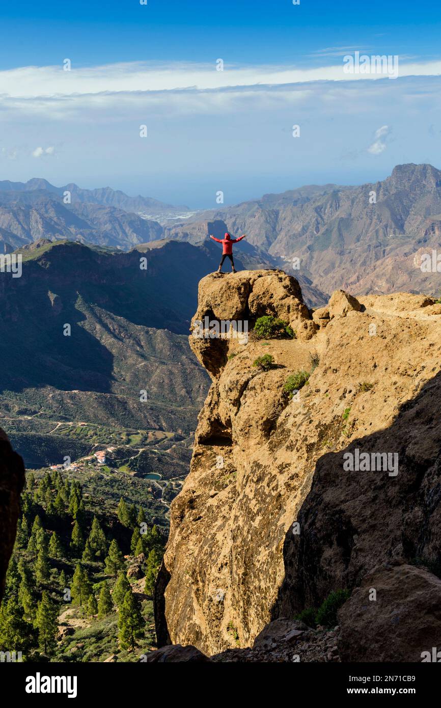 Vue arrière d'un homme debout sur le rocher, Roque Nublo, Roque Nublo Rural Park, Tejeda, Gran Canaria, Canaries, Espagne Banque D'Images