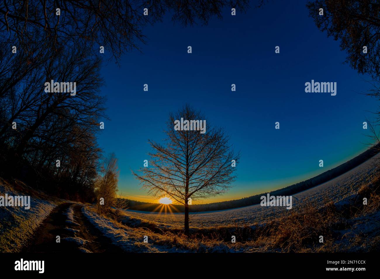 Lever de soleil en hiver, terre agricole et un peu de neige, photographié avec un objectif fisheye Banque D'Images
