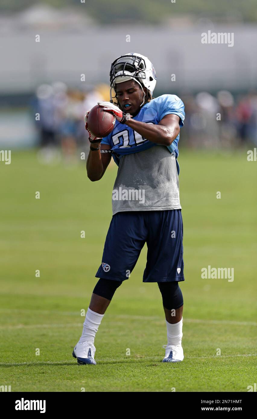 Tennessee Titans strong safety Daimion Stafford warms up during NFL football training camp on Wednesday, July 31, 2013, in Nashville, Tenn. (AP Photo/Mark Humphrey) Banque D'Images
