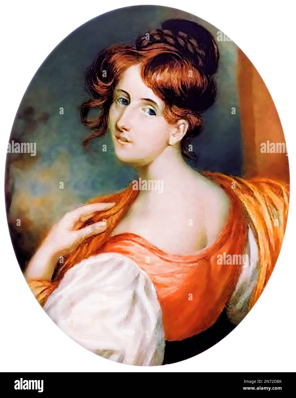 Elizabeth Cleghorn Gaskell, (née Stevenson; 1810-1865), ch. 1860. Elizabeth Gaskell, souvent appelée Mme Gaskell, était une romancière anglaise et une rédactrice de nouvelles à l'époque victorienne. Miniature par William John Thomson, 1832 Banque D'Images