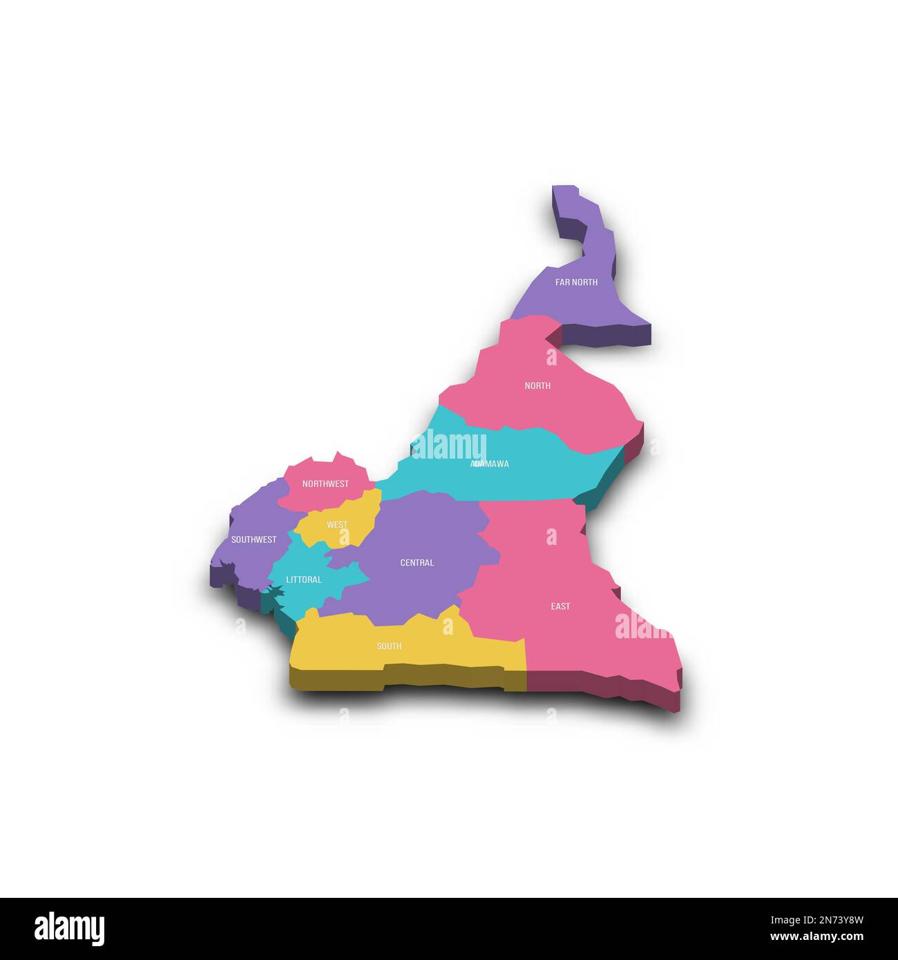 Cameroun carte politique des divisions administratives - régions. Carte vectorielle 3D colorée avec ombre portée et noms de pays. Illustration de Vecteur