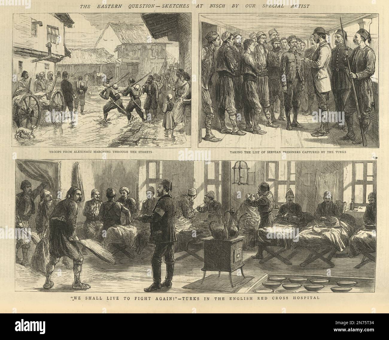 Scènes d'illustration vintage de la Grande crise orientale, soldats ottomans, Hosiptal, prisonniers de guerre, 1870s, 19th siècle Banque D'Images
