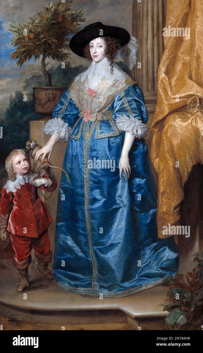 LA REINE HENRIETTA MARIA (1609-1669) épouse de Charles Ier avec son nain de cour Jeffrey Hudson. Peint par Anthony van Dyck Banque D'Images