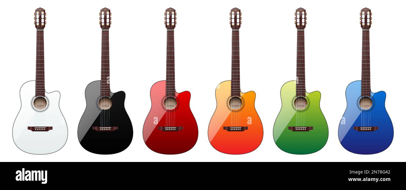 Ensemble vectoriel de guitares acoustiques classiques colorées, isolées sur fond blanc. Illustration de Vecteur