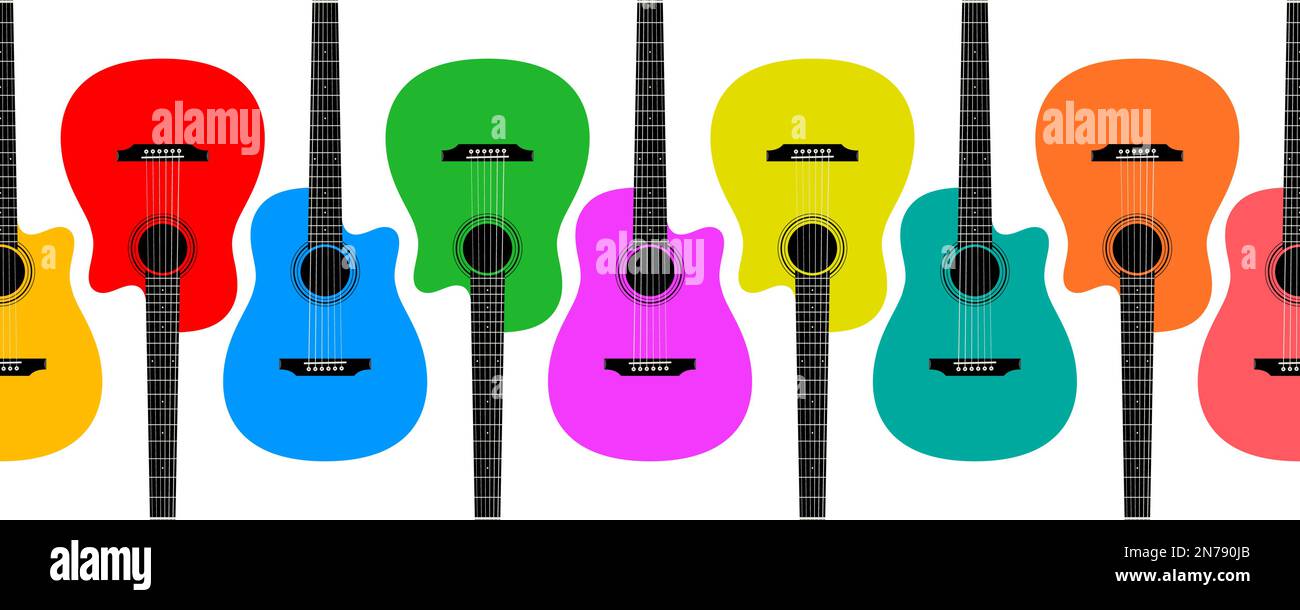 Guitares colorées en rangée sur fond blanc, fond musical horizontal vectoriel de style plat. Illustration de Vecteur