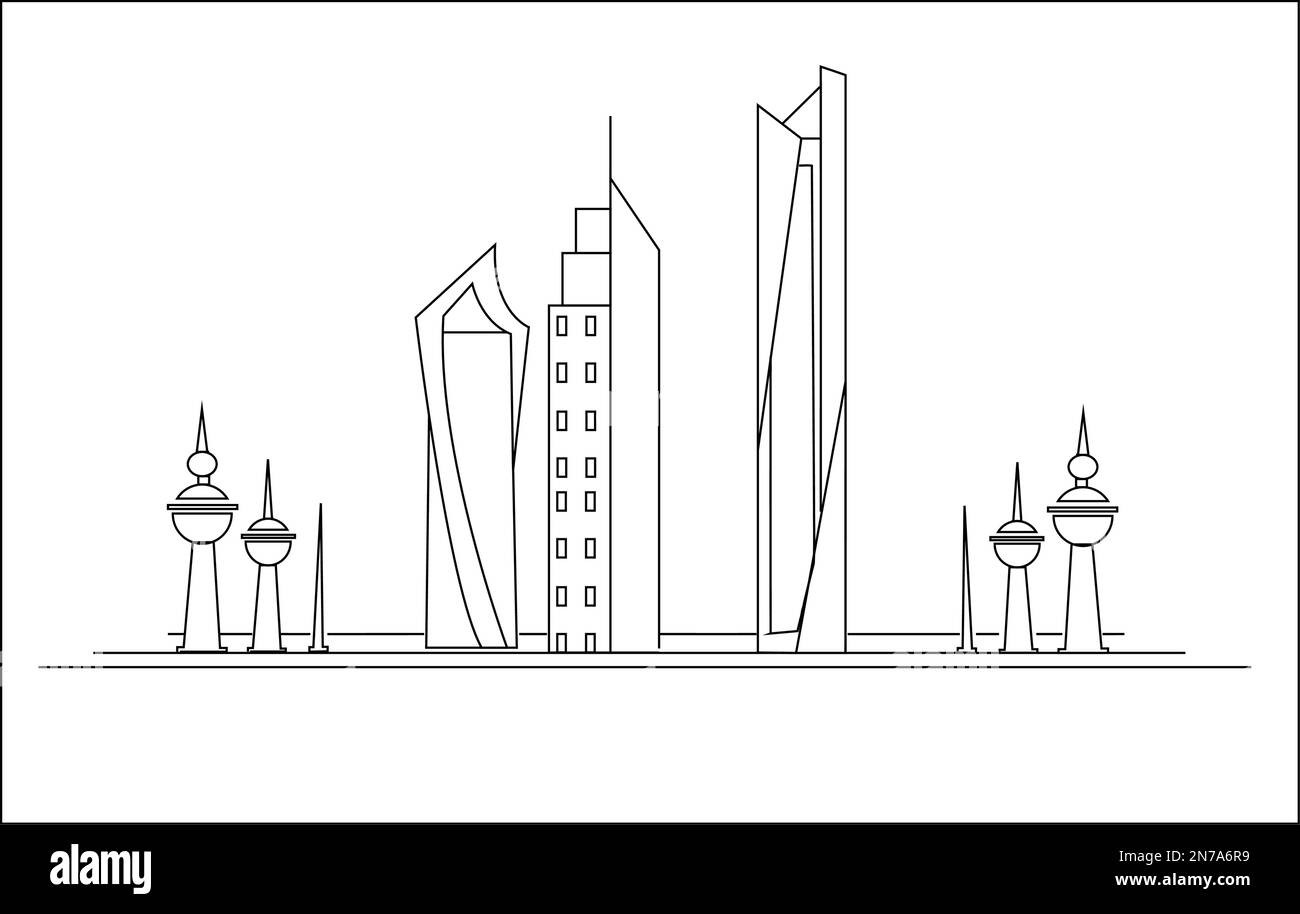 Dessin de ligne des bâtiments du Koweït Illustration de Vecteur