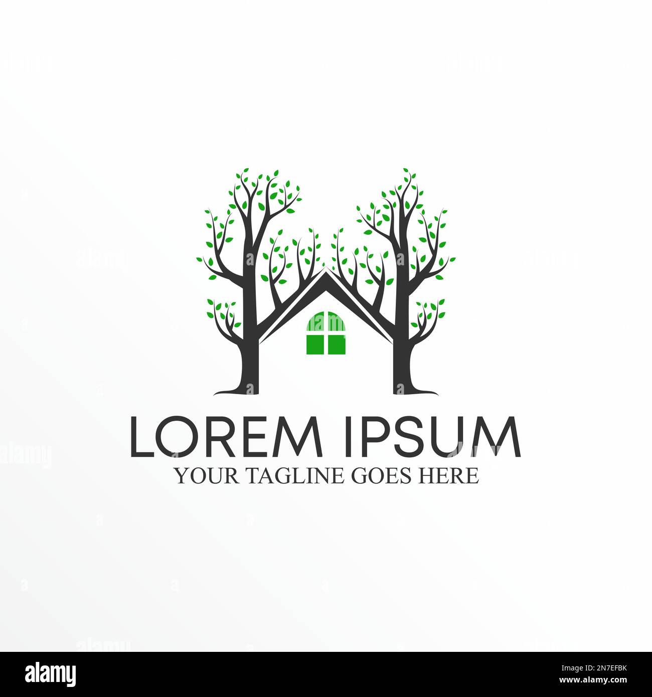 Branches d'arbre et maison de toit avec fenêtre image graphique icône logo design abstrait concept vecteur stock. utilisé comme symbole lié à la propriété ou à la nature Illustration de Vecteur