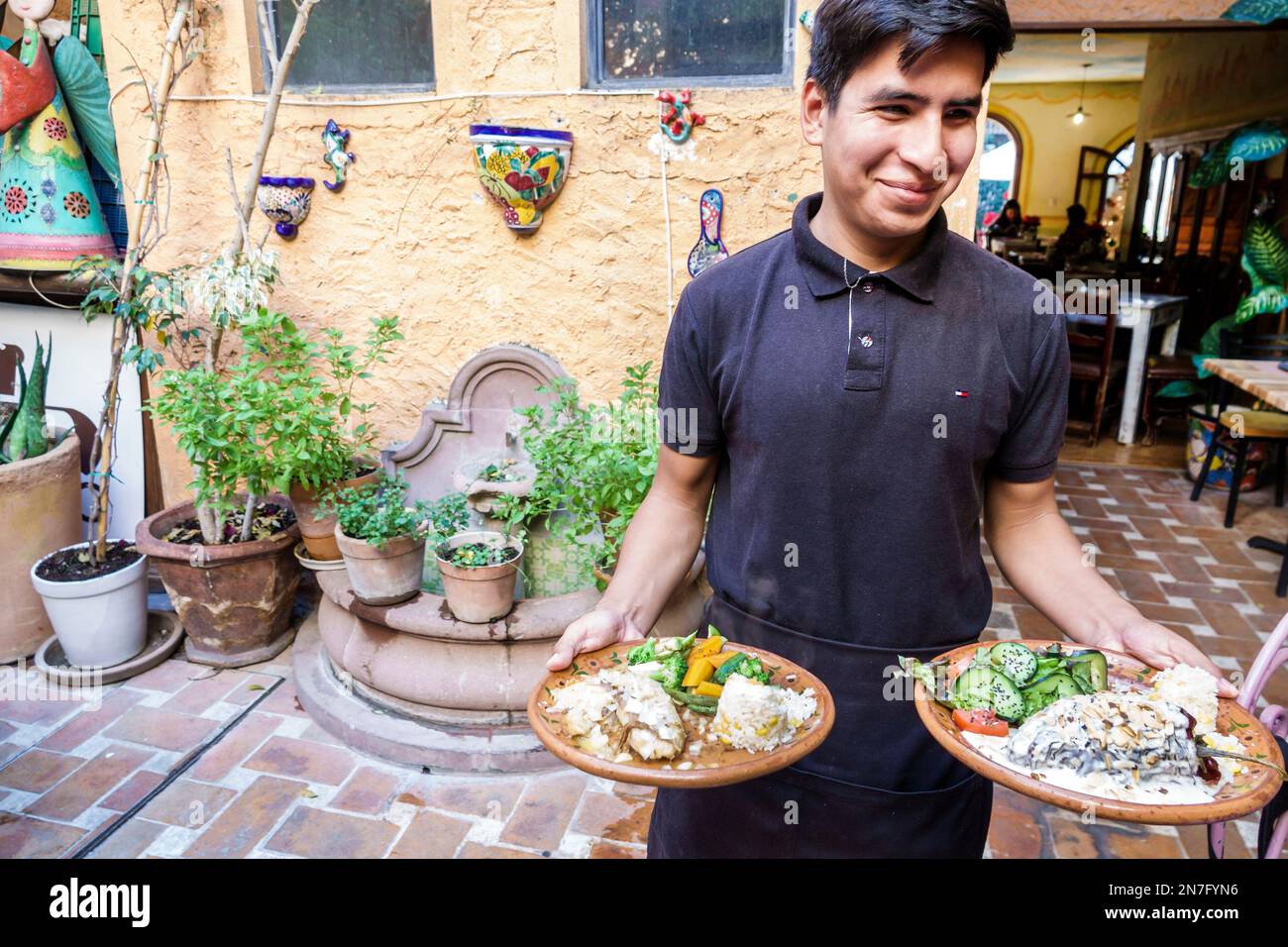 San Miguel de Allende Guanajuato Mexique, Historico Centre historique Zona Centro, Bugambilia Restaurante, plats de service déjeuner, poisson grillé riz ve Banque D'Images