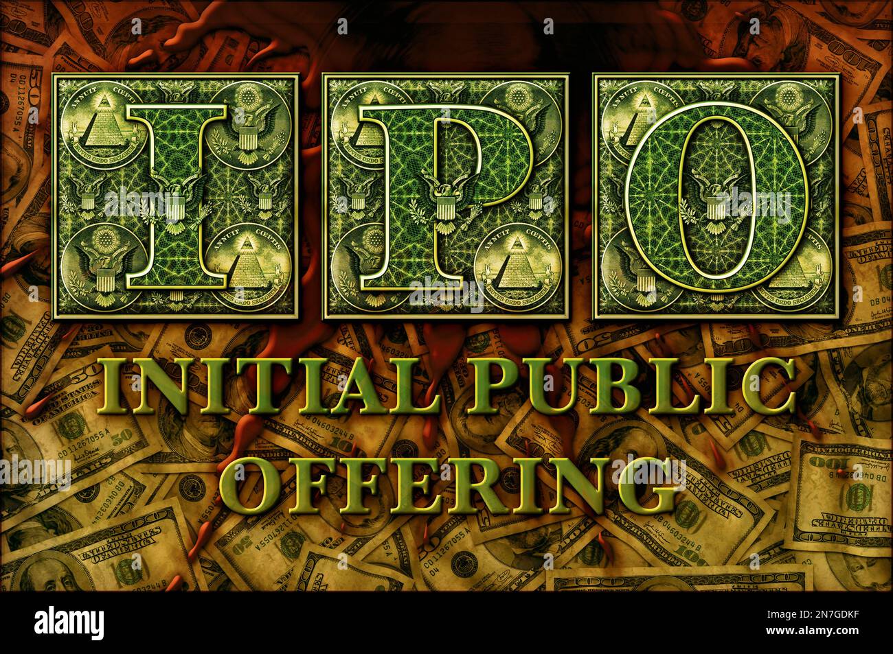 Tapez l'orthographe IPO et l'offre publique initiale en plus des billets de cinquante et cent dollars avec des éclaboussures de sang sur le dessus. Banque D'Images