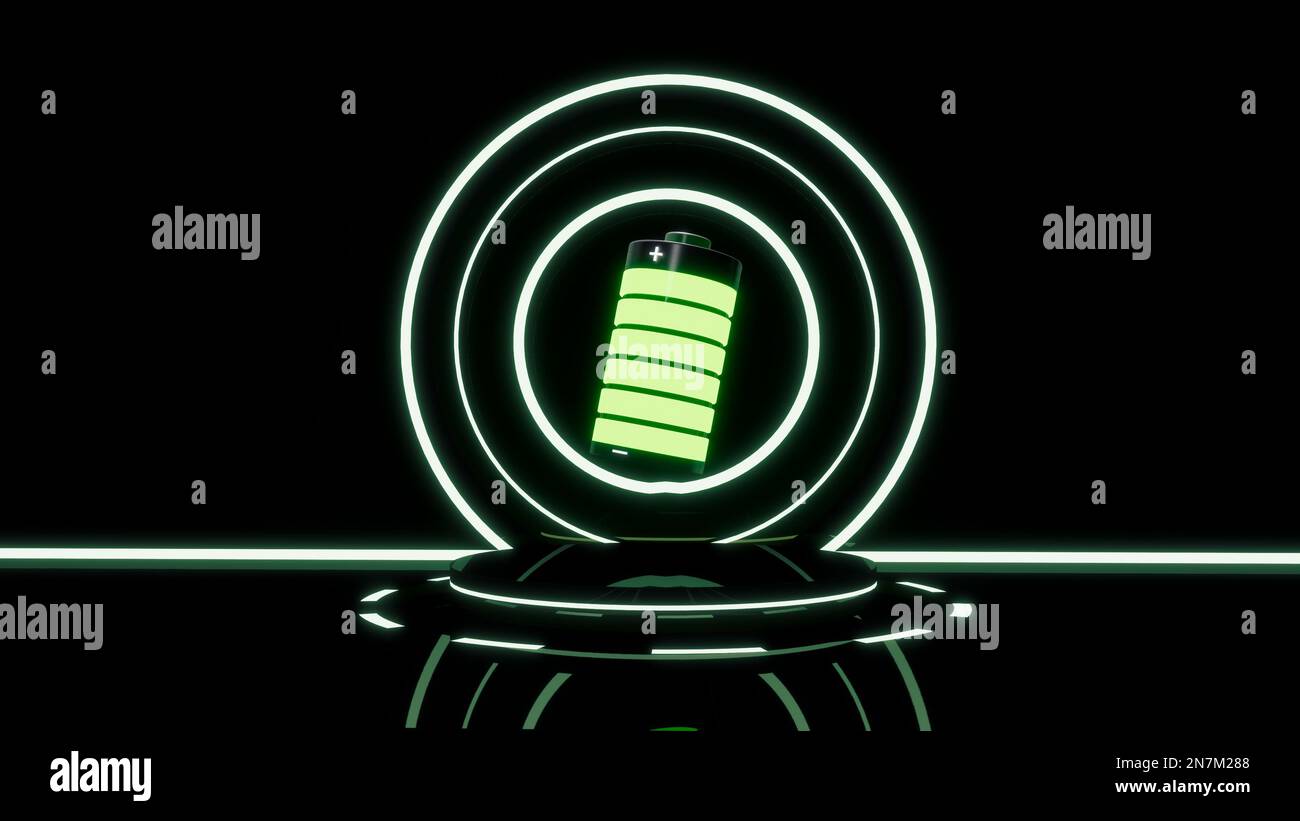 Batterie verte avec signe plus et moins complètement chargée flottant sur un podium noir avec des lumières concentriques vertes 3D illustration numérique RE Banque D'Images