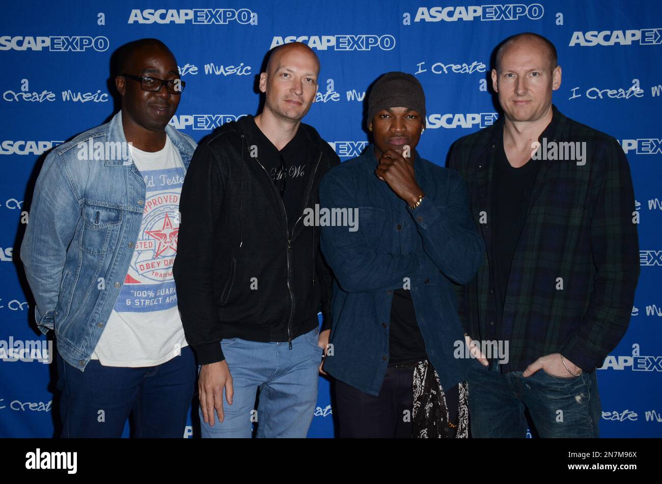 Chris Anokute of Def Jam Music Group, Mikkel Eriksen of Stargate, Artist Ne-Yo, Tor Hermansen of Stargate speaking at the 8th Annual ASCAP "I Create Music" EXPO, on Friday, April 19, 2013 in Hollywood, California. (Photo by Tonya Wise/Invision for ASCAP/AP Images) Banque D'Images
