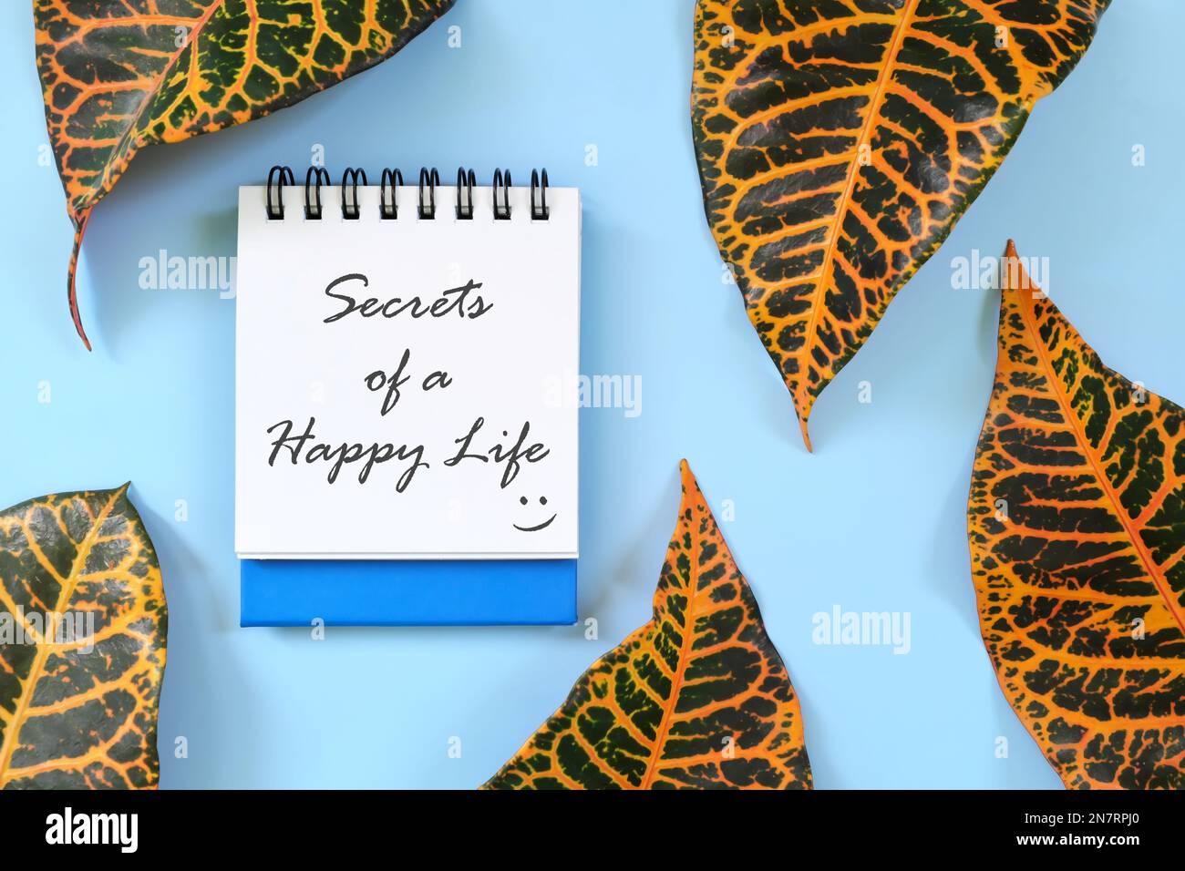 Secrets d'une vie heureuse guide motivant et inspirant écrit sur le bloc-notes bleu. Belle composition de pose plate Banque D'Images