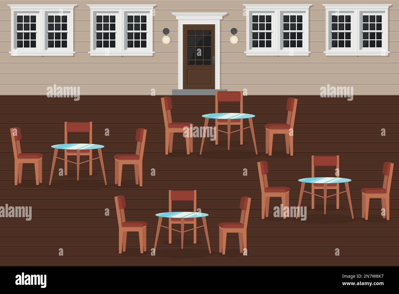 une terrasse de restaurant avec des tables et des chaises en bois Illustration de Vecteur