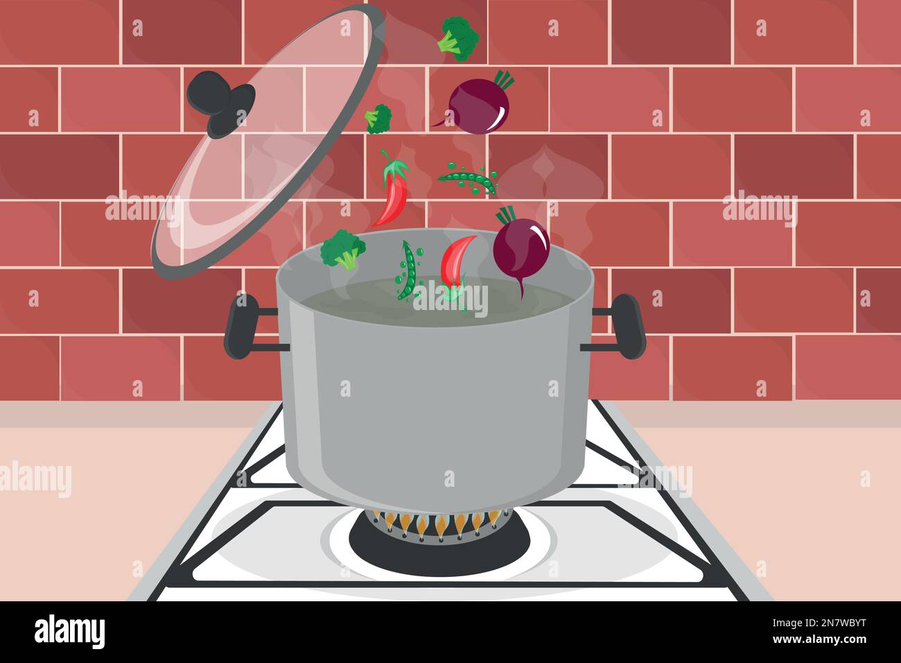 les légumes tombent dans une casserole sur une cuisinière avec de l'eau bouillante pour la soupe Illustration de Vecteur