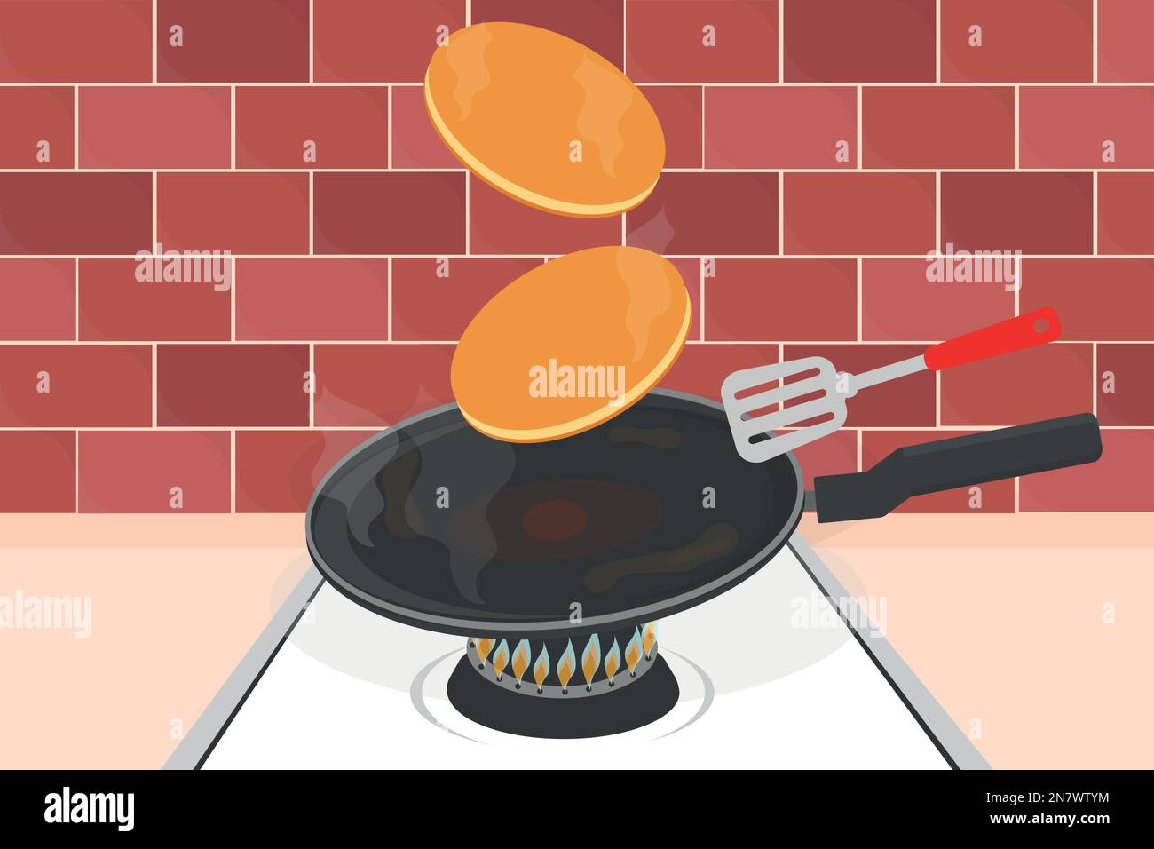 une crêpe dans une poêle dans la cuisine en préparant de délicieux grands sur une illustration vectorielle de plat de beurre Illustration de Vecteur