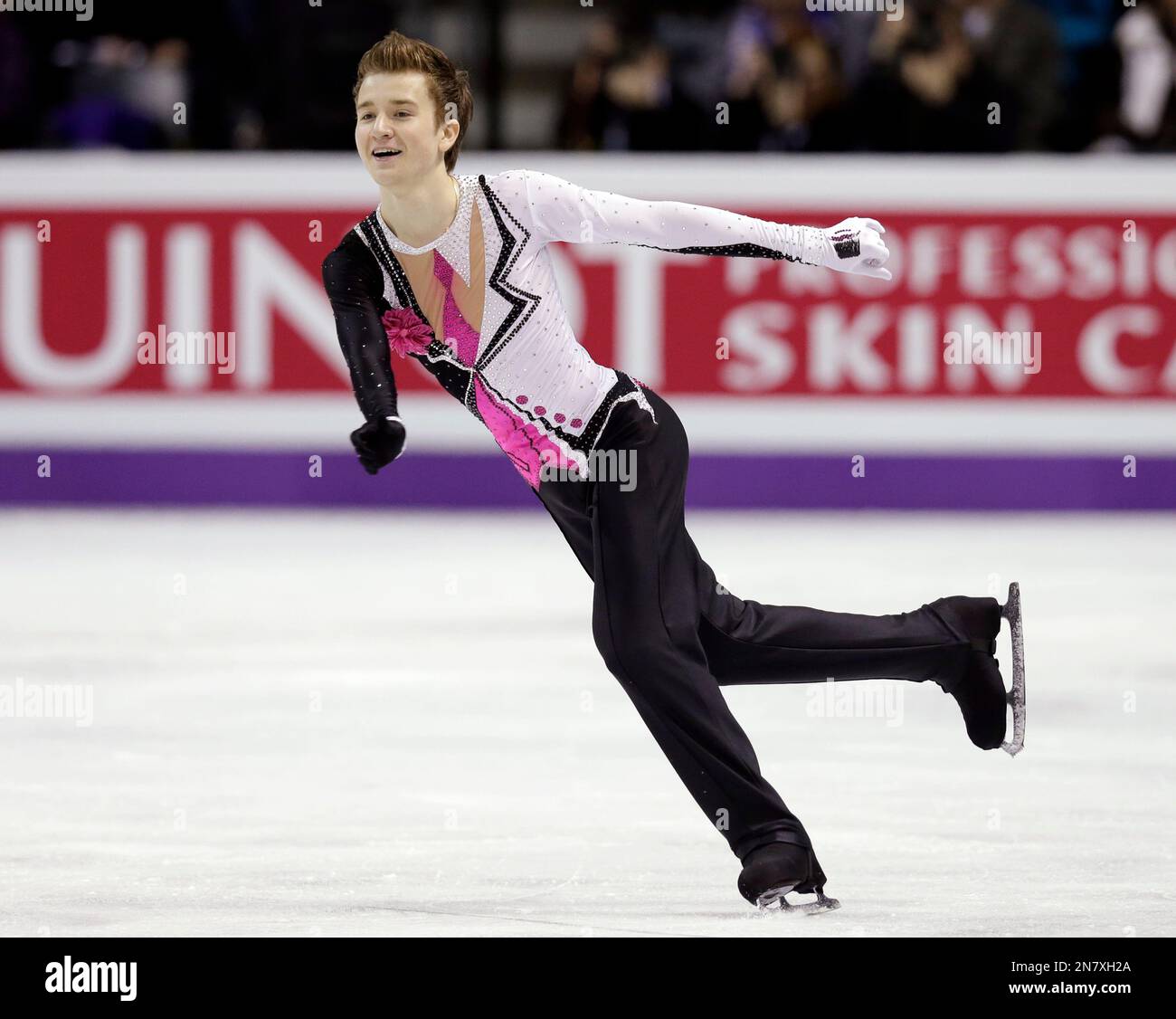 Misha Ge of Uzbekistan performs during the men's free skate program at the World Figure Skating Championships Friday, March 15, 2013, in London, Ontario. (AP Photo/Darron Cummings) Banque D'Images