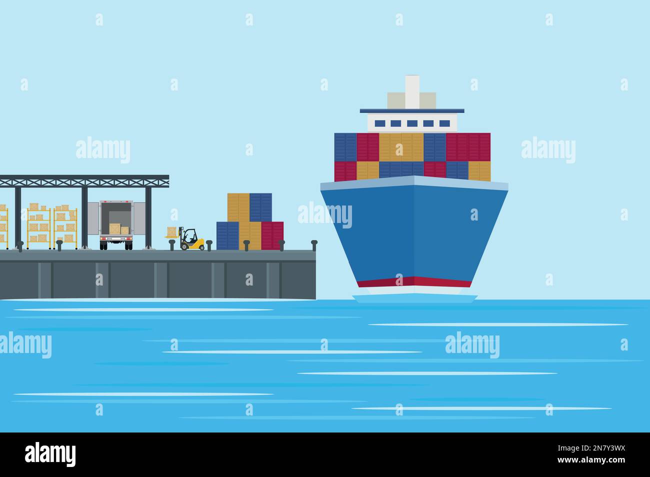 navire de cargaison à l'embarcadère dans la ville docks avec conteneurs de port Illustration de Vecteur