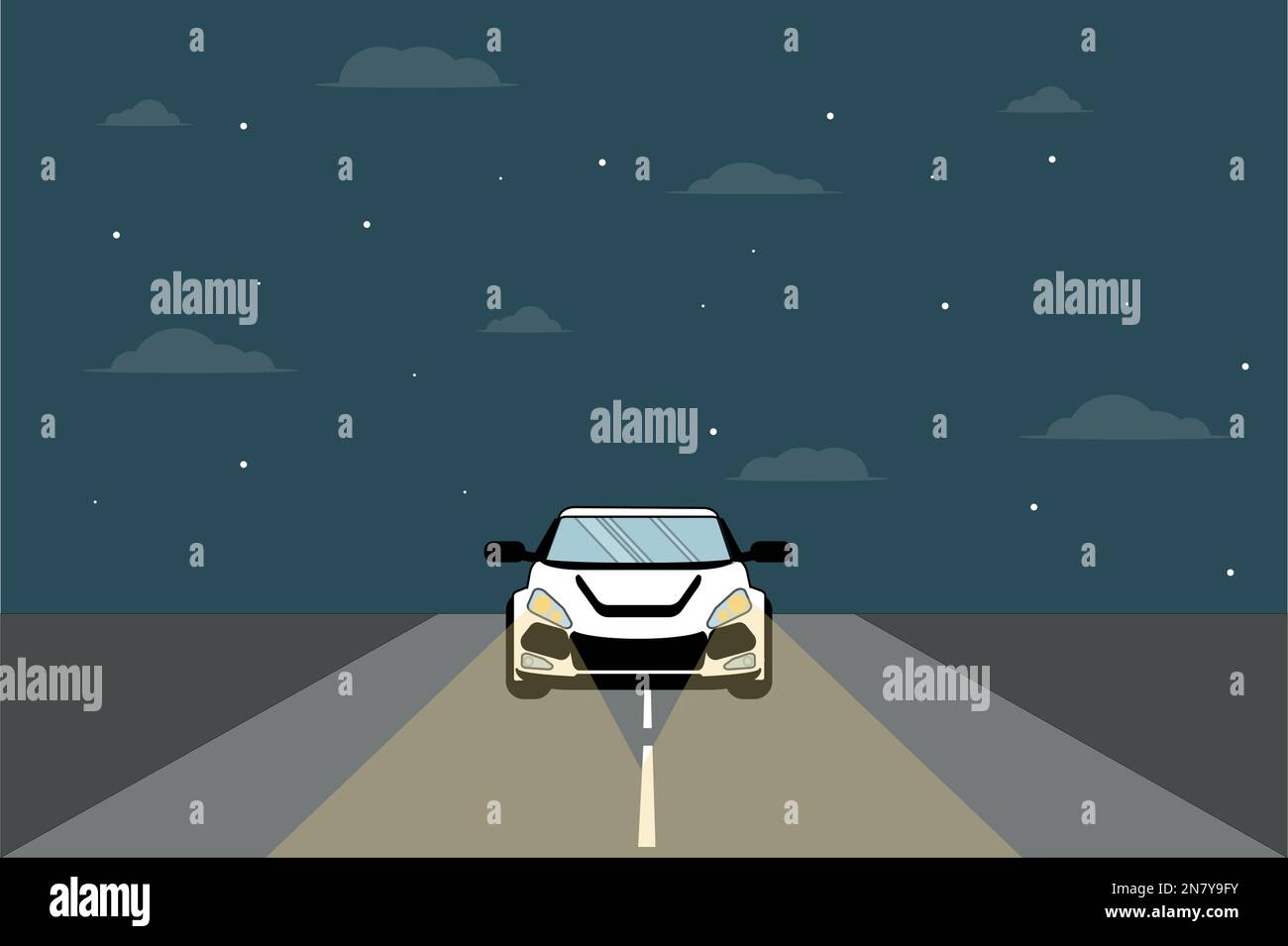 la voiture roule sur l'autoroute la nuit avec les phares allumés Illustration de Vecteur