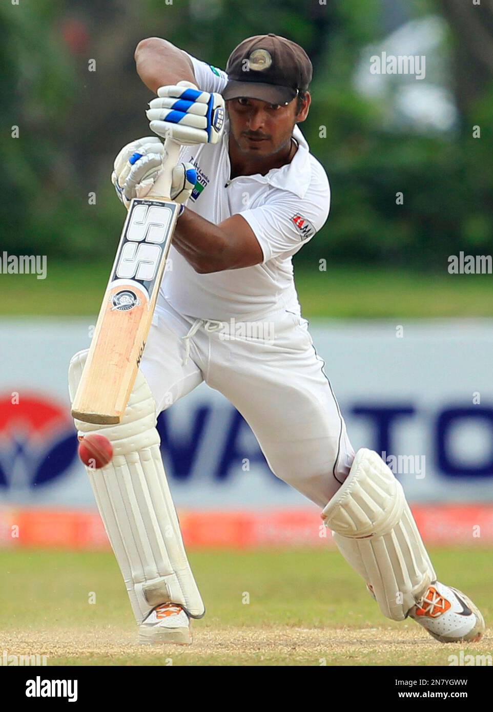 Sri Lankan batsman Kumar Sangakkara plays a shot during the fourth day of the first test cricket match between Sri Lanka and Bangladesh in Galle, Sri Lanka, Monday, March 11, 2013. (AP Photo/Eranga Jayawardena) Banque D'Images
