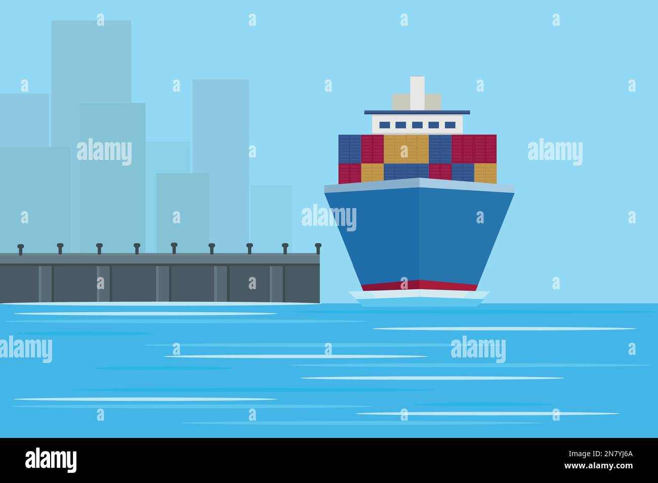 navire de cargaison à l'embarcadère dans la ville docks avec conteneurs de port Illustration de Vecteur