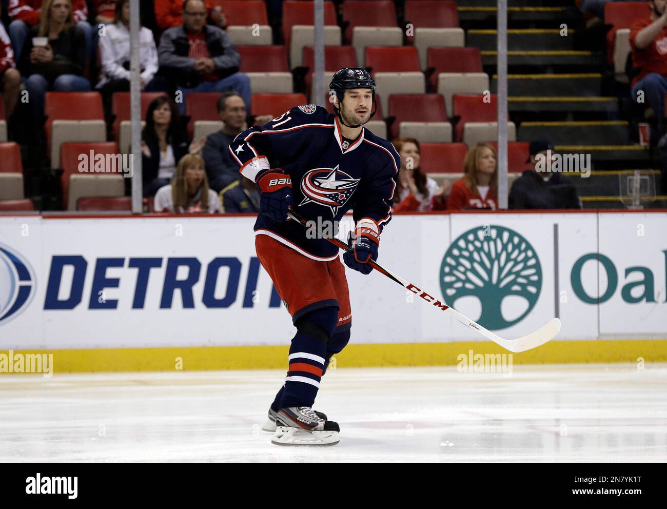 Columbus Blue Jackets defenseman Fedor Tyutin (51), of Russia, skates against the Detroit Red Wings in the first period of an NHL hockey game in Detroit, Sunday, March 10, 2013. (AP Photo/Paul Sancya) Banque D'Images