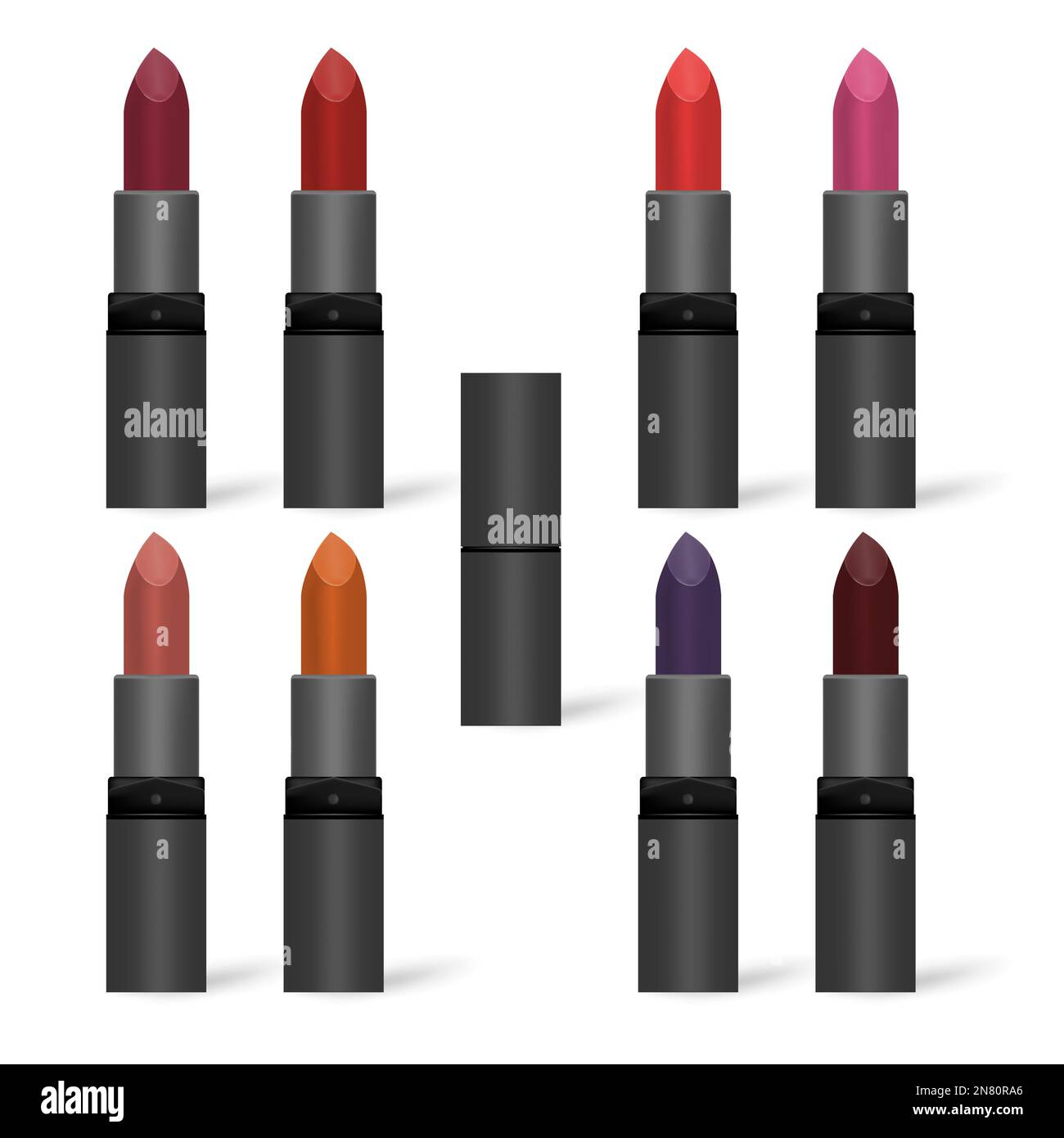 Kit de maquillage tendance pour les lèvres. Différentes couleurs de rouge à lèvres dans tube noir isolé sur fond blanc, maquette Illustration de Vecteur