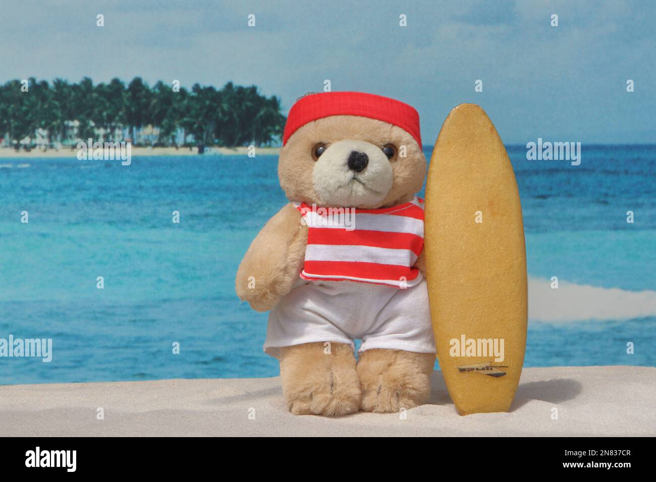 Teddy fait du surf: Surfer-Teddybär mit Surfboard am Südsee-Strand Banque D'Images