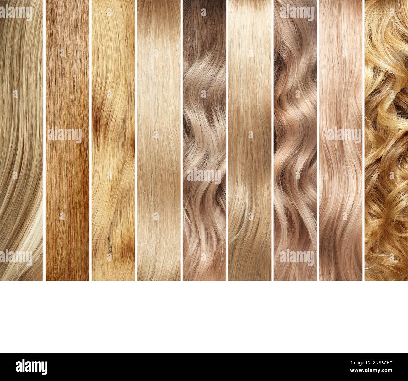 Collage d'échantillons de couleur de cheveux blonds. Coloration des cheveux. Colorant capillaire Banque D'Images