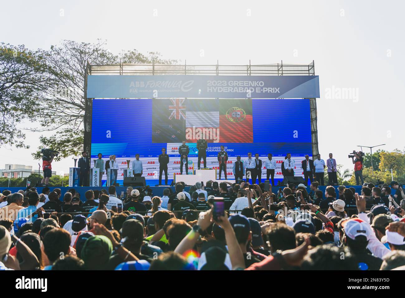 Hyderabad, Inde. 01st févr. 2023. Jean-Eric-Vergne, DS Penske, Nick Cassidy, Envision Racing, Antonio Felix da Costa, Porsche, pendant l'E-Prix Hyderabad, FIA Formula E, Formule E Grand Prix le 11 février 2023.image à payer, copyright@ Akhil Puthiyedath ATP Images (Akhil Puthiyedath/ATP/SPP) crédit: SPP photo Press Sport. /Alamy Live News Banque D'Images