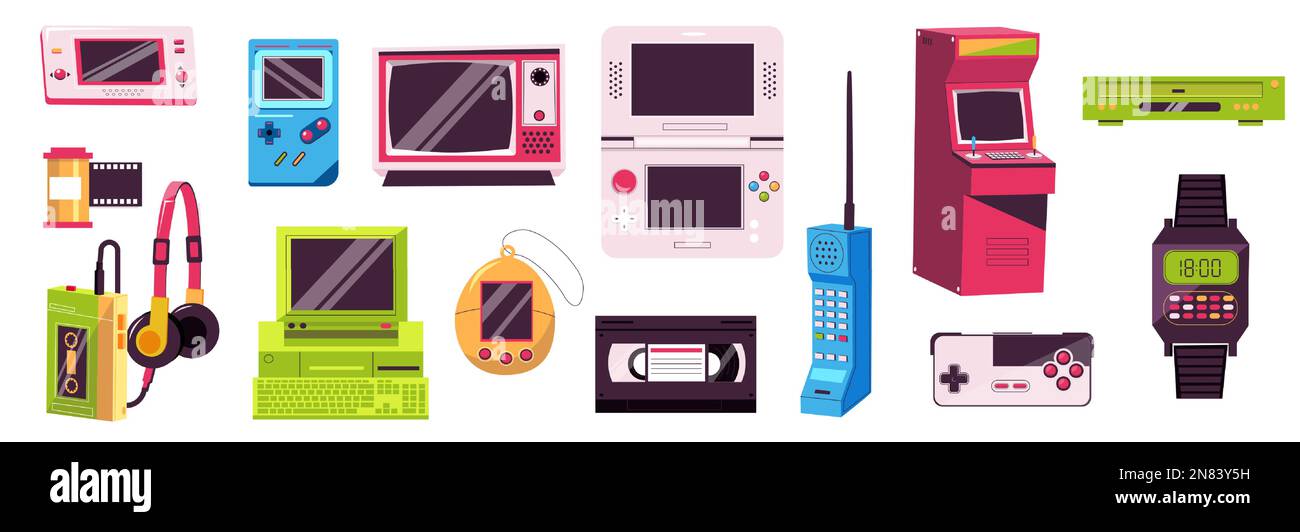 Dispositifs rétro. Caricature vintage 90s gadgets, mignon hipster coloré électronique analogique, plat vieille technique concept nostalgique passé. Ensemble de vecteurs Illustration de Vecteur