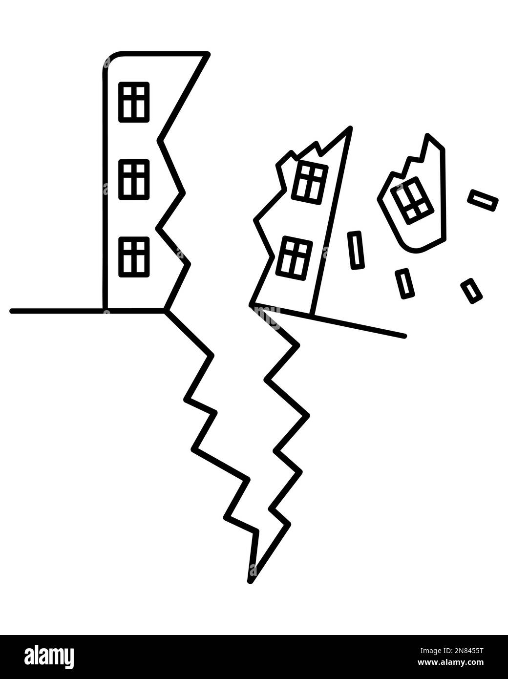 En raison de tremblements, la maison s'effondre et tombe en parties. Le toit et les structures volent sur les côtés. Illustration de Vecteur