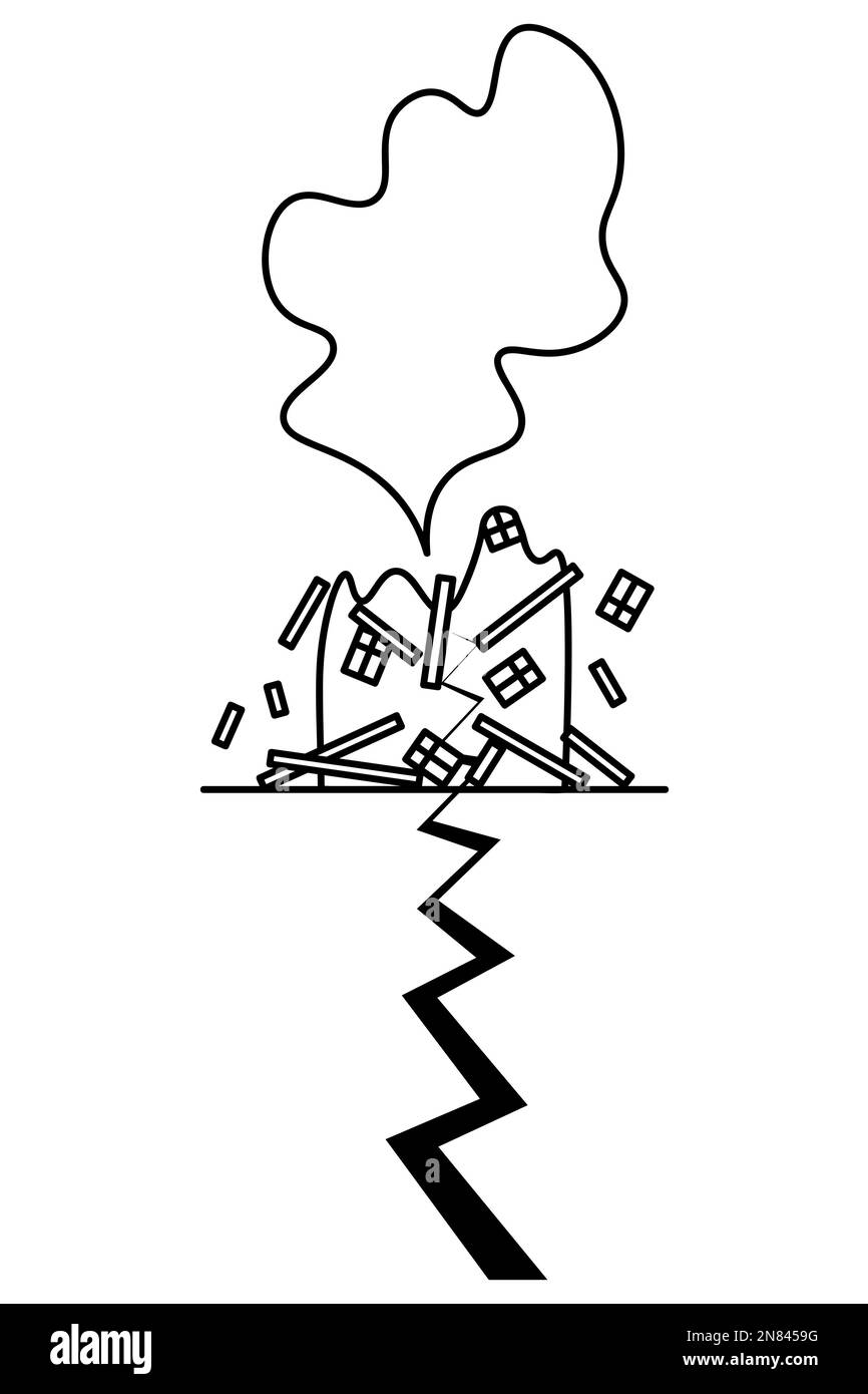 Le gratte-ciel s'est effondré en raison des tremblements de terre. La poussière a augmenté. Les structures de bâtiment volent dans différentes directions. Esquisse. Vecteur Illustration de Vecteur