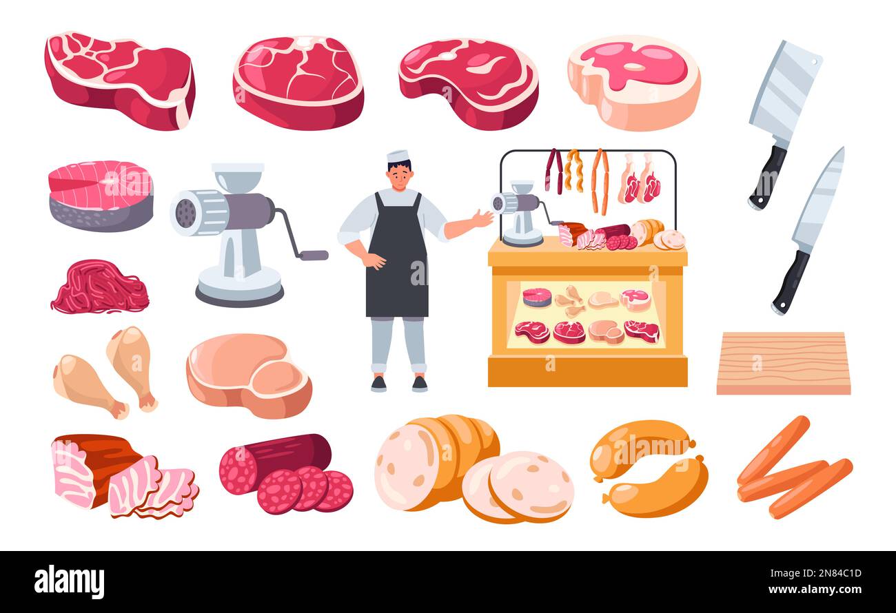 Boucher avec viande. Personnage d'homme avec couteau en uniforme de chef offrant des produits frais, saucisses boeuf steaks de porc, concept d'épicerie. Vecteur Illustration de Vecteur