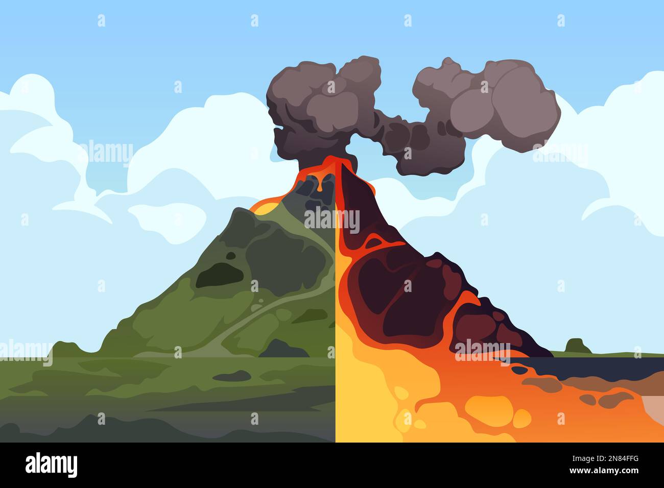 Section de volcan. Plan de section de l'éruption volcanique de montagne, structure de la croûte terrestre avec chambre de magma, gaz et cendres de lave cratère. Vecteur Illustration de Vecteur